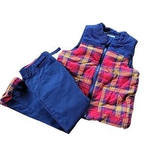 Tahari Vest & Pant Set, Size 7, Plaid, Corduroy, Navy, Red, Orange, White, Soft